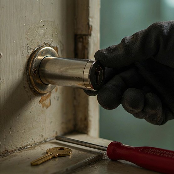 Cerrajero cambiando un bombín cilindro de alta seguridad en una puerta