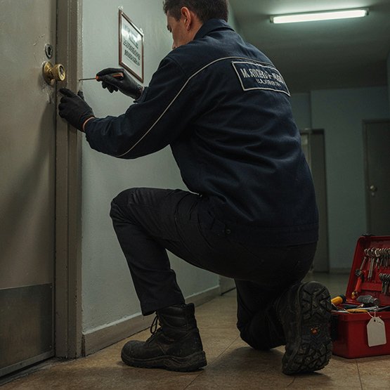 Cerrajero profesional uniformado abriendo una puerta de emergencia en un portal de A Coruña